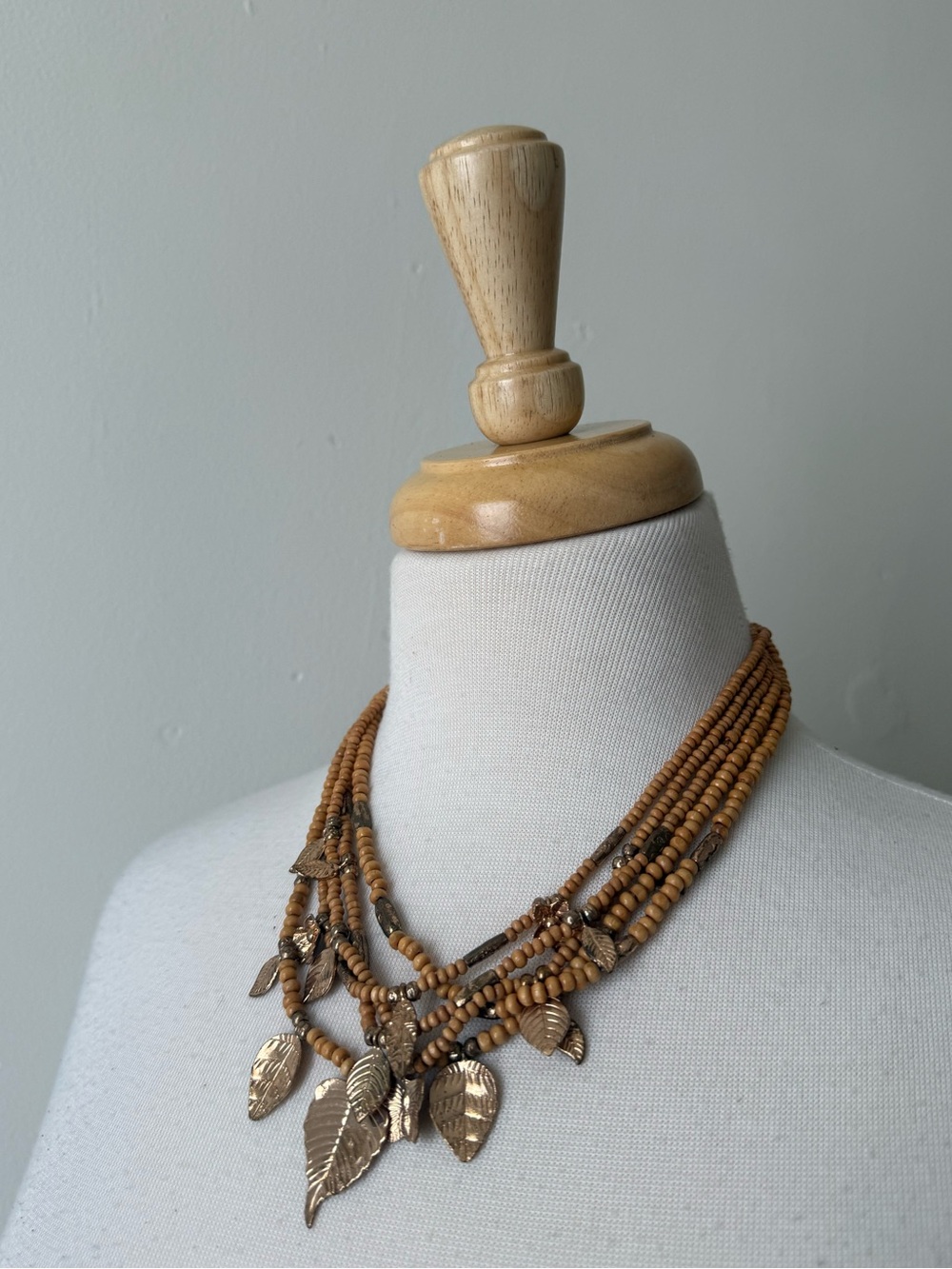 Wood Bead & Gold Leaf Statement Necklace Boho Layered